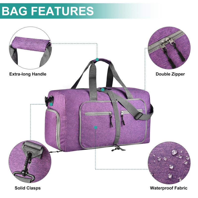Dimayar 65L Travel Duffle Bag for Men Women - Foldable Duffel Bag with Shoes Compartment - Overnight Bags Waterproof & Tear Resistant(Purple) - Image 3